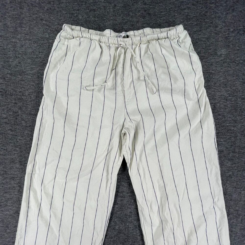 Zara Linen Blend Striped Wide Leg Pants L Pinstripe Pull On Boho Coastal Beach - Picture 4 of 14
